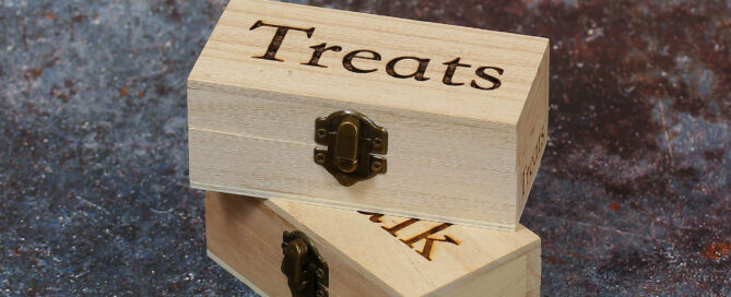 Two small stacked boxes laser engraved with treats on.