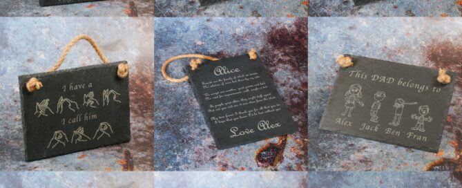 Montage of nine slate signs - each of them with personalised text and imagery on.