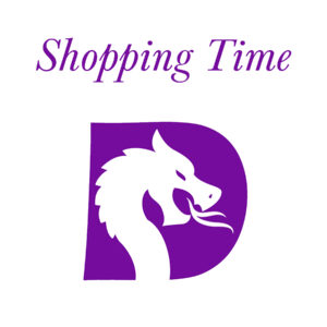Purple Dragon head with text saying shopping time