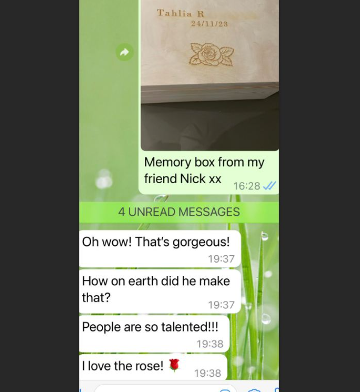 Positive social media conversation about a laser engraved box with a name, date of birth and a rose on it,