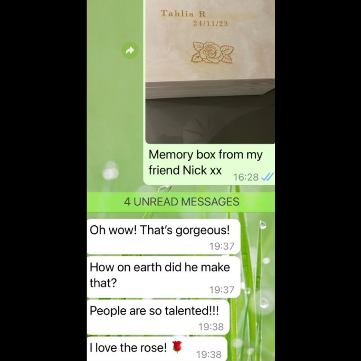 Positive social media conversation about a laser engraved box with a name, date of birth and a rose on it,