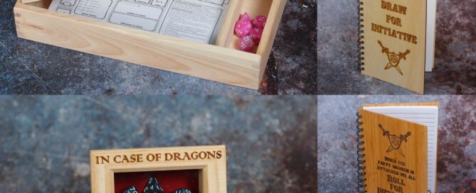 Montage of images showing a variety of laer engraved goods in a Dungeons and Dragons theme. They include a shadow box frame with polyhedral dice, coasters, notebooks and a hexagonal dice box.