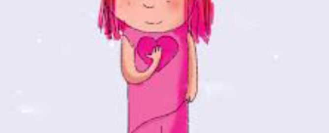 Hand-drawn image of young girl dressed in pink holding a heart in front of herself. Underneath her is the quote "Be Kind To Yourself"