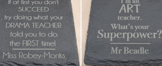 Montage of laser engraved slate coasters with a variety of individual designs on them.